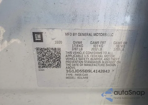 2020 Chevrolet Sonic Fwd Lt z USA, uszkodzony, nr VIN 1G1JD5SB9L4142843